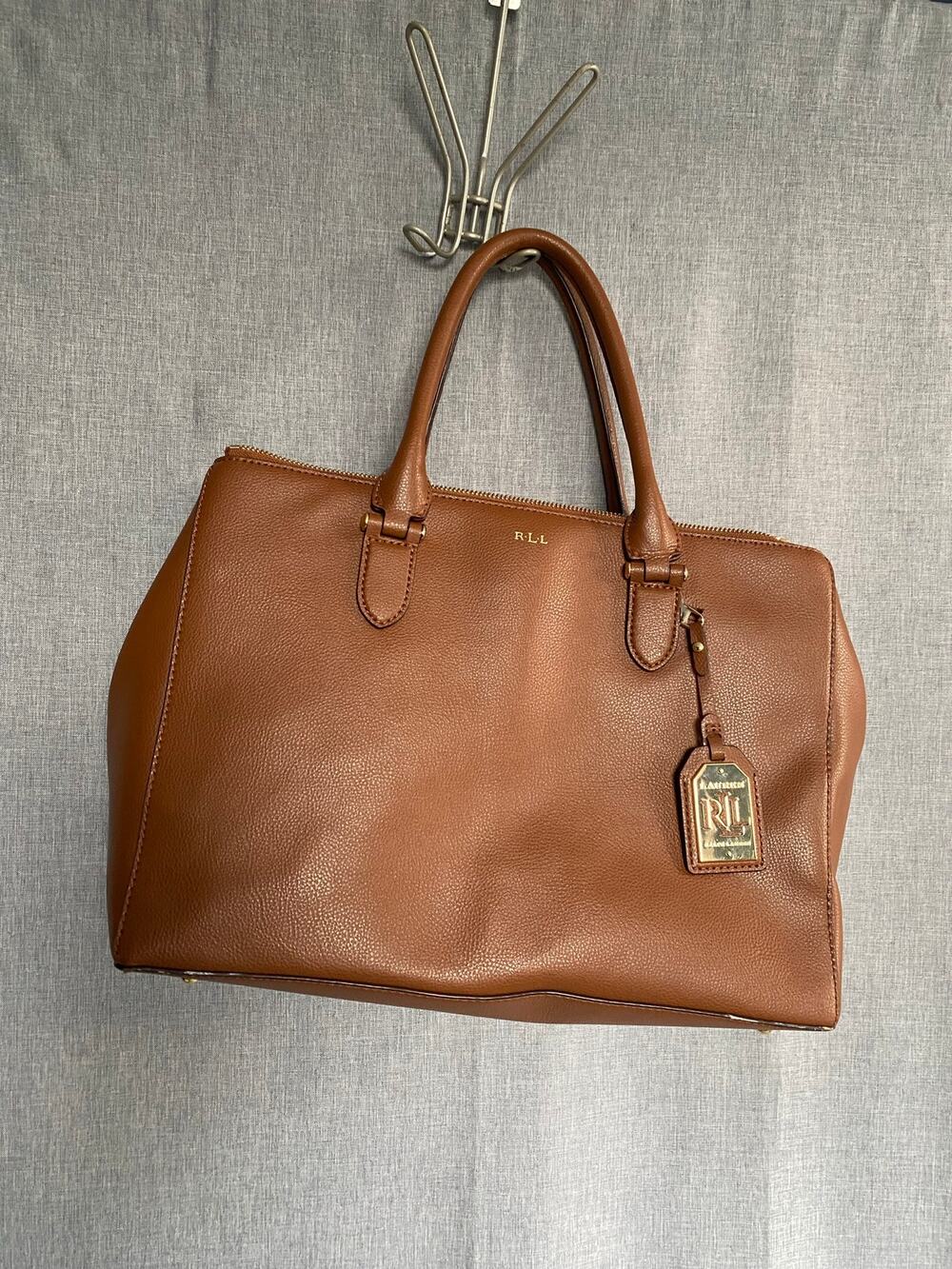 Lauren Ralph Lauren Cognac Brown Pebbled Leather Satchel Tote Bag (As-Is)